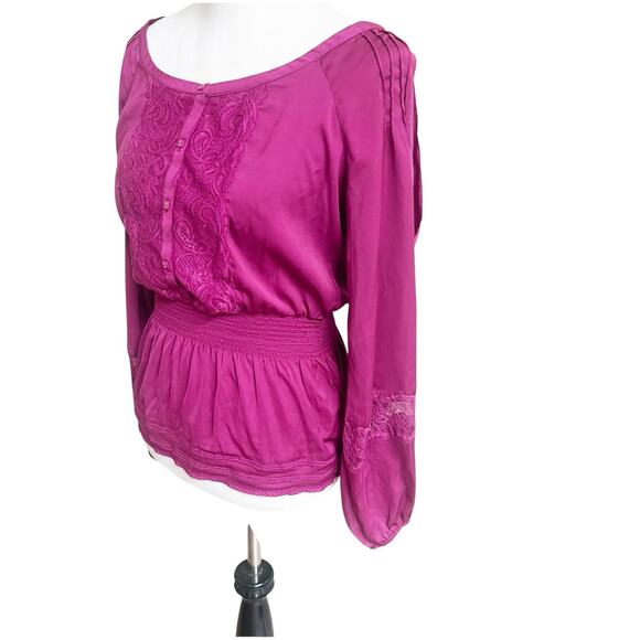 Bebe Y2K Peplum Top Satin Long Sleeve Size XS Fuschia Pink Slit Shoulder Lace - Picture 3 of 11